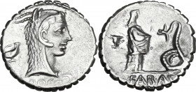L. Roscius Fabatus. AR Denarius serratus, Rome mint, 64 BC. Obv. Head of Juno Sospita right, wearing goat's skin; on the left, wine-jar; below, [L]·RO...