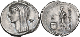 L. Cassius Longinus. AR Denarius, 63 BC. Obv. Veiled and draped bust of Vesta left; behind, kylix; before, S retrograde. Rev. Male figure left, droppi...