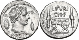 L. Furius Brocchus. AR Denarius, Rome mint, 63 B.C. Obv. Bust of Ceres r.; on the left, III and corn-ear; on the right, VIR and barley-grain; below, B...