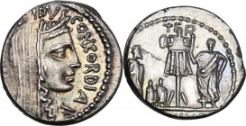 L. Aemilius Lepidus Paullus. AD Denarius, Rome mint, 62 BC. Obv. Veiled and diademed head of Concordia right; around PAVLLVS·LEPIDVS·CONCORDIA. Rev. T...