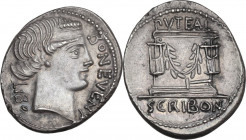 L. Scribonius Libo. AR Denarius, 62 BC. Obv. BON EVENT before diademed head of Bonus Eventus right; LIBO behind. Rev. PVTEAL. Puteal Scribonianum deco...