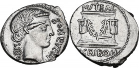 L. Scribonius Libo. AR Denarius, Rome mint, 62 BC. Obv. Diademed head of Bonus Eventus right; on the left, LIBO; on the right, BON·EVENT. Rev. Puteal ...