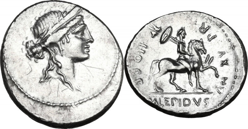 M. Aemilius Lepidus. AR Denarius, 61 BC. Obv. Laureate and diademed female head ...