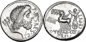 P. Plautius Hypsaeus. AR Denarius, Rome mint, 60 BC. Obv. Head of Neptune right; on the left, trident; on the right, P·YPSAE·S·C. Rev. Jupiter in quad...