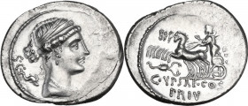 P. Plautius Hypsaeus. AR Denarius, 60 BC. Obv. Draped bust of Leuconoe right; before, [P. YPSAE]; S.C. and dolphin behind. Rev. Jupiter in quadriga le...