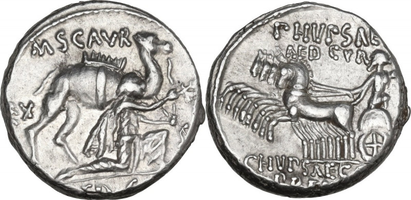 M. Aemilius Scaurus and Pub. Plautius Hypsaeus. AR Denarius, 58 BC. Obv. M. SCAV...