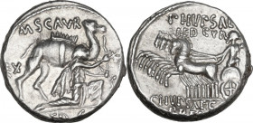 M. Aemilius Scaurus and Pub. Plautius Hypsaeus. AR Denarius, 58 BC. Obv. M. SCAVR. Camel right; before, king Aretas kneeling right, holding reins in l...
