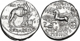 M. Aemilius Scaurus and Pub. Plautius Hypsaeus. AR Denarius, 58 BC. Obv. M SCAVR / AED CVR. Camel right; before, king Aretas kneeling right, holding r...