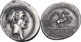L. Marcius Philippus. AR Denarius, 56 BC. Obv. Diademed head of Ancus Marcius right; behind, lituus; below, ANCVS. Rev. PHILIPPVS. Equestrian statue r...