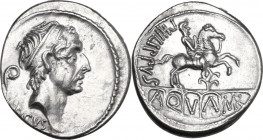 L. Marcius Philippus. AR Denarius, Rome mint, 56 BC. Obv. Diademed head of Ancus Marcius right; on the left, lituus; below, ANCVS. Rev. Equestrian sta...