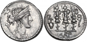 Faustus Cornelius Sulla. AR Denarius, 56 BC. Obv. Laureate, diademed and draped bust of Venus right; behind, sceptre; above, S-C. Rev. Three trophies;...
