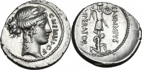 C. Memmius. AR Denarius, Rome mint, 56 BC. Obv. Head of Ceres right; on the right, C·MEMMI·C·F. Rev. Trophy; in the foreground, kneeling captive with ...