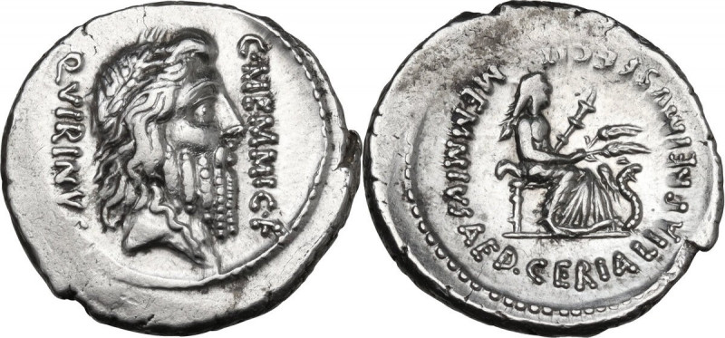 C. Memmius. AR Denarius, Rome mint, 56 BC. Obv. Laureate and bearded head of Rom...