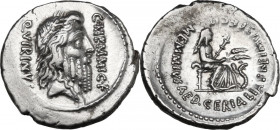 C. Memmius. AR Denarius, Rome mint, 56 BC. Obv. Laureate and bearded head of Romulus Quirinus right; on the left, QVIRINVS; on the right, C·MEMMI·C·F....
