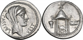 Q. Cassius Longinus. AR Denarius, Rome mint, 55 BC. Obv. Veiled head of Libertas right; on the right, VEST ; on the left, Q·CASSIVS. Rev. Temple of Ve...