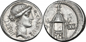 Q. Cassius Longinus. AR Denarius, Rome mint, 55 BC. Obv. Head of Libertas right; on the left, LIBERT; on the right, Q·CASSIVS. Rev. Temple of Vesta, w...