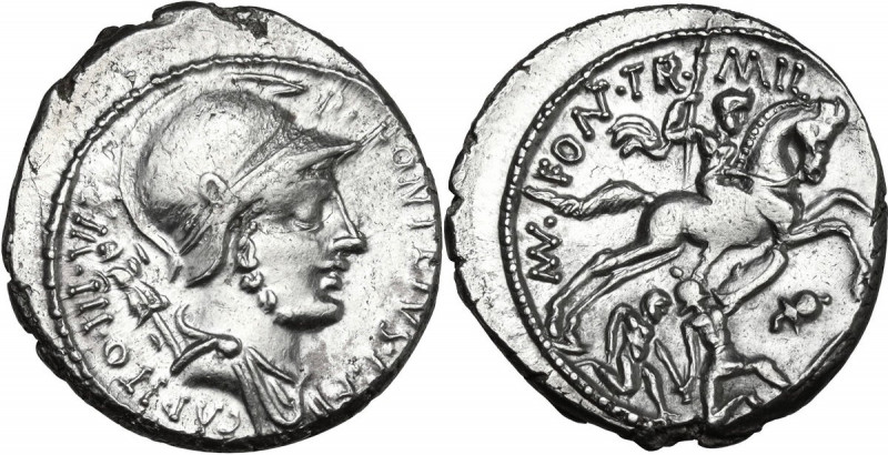 P. Fonteius Capito. AR Denarius, Rome mint, 55 BC. Obv. Helmeted and draped bust...