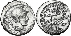 P. Fonteius Capito. AR Denarius, Rome mint, 55 BC. Obv. Helmeted and draped bust of Mars right, with trophy over shoulder; around P·FONTEIVS·P·F·CAPIT...
