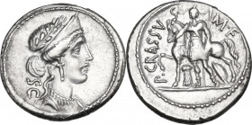 P. Licinius Crassus. AR Denarius, Rome mint, 55 BC. Obv. Laureate, diademed and draped bust of Venus right; on the left, S·C. Rev. Female figure stand...