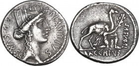A. Plautius. AR Denarius, 55 BC. Obv. A. PLAVTIVS AED. CVR. S.C. Turreted head of Cybele right. Rev. Bacchius kneels right, with camel at his side, ex...