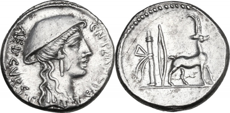 Cn. Plancius. AR Denarius, Rome mint, 55 BC. Obv. Female head right, wearing cau...