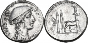 Cn. Plancius. AR Denarius, Rome mint, 55 BC. Obv. Female head right, wearing causia; on the left, AED·CVR·S·C; on the right, CN·PLANCIVS. Rev. Cretan ...