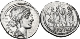 M. Iunius Brutus. AR Denarius, Rome mint, 54 BC. Obv. Head of Libertas right; on the left, LIBERTAS. Rev. The consul L. Iunius Brutus walking left bet...