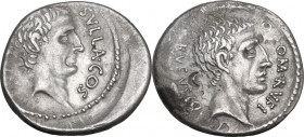 Q. Pompeius Rufus. AR Denarius, Rome mint, 54 BC. Obv. Head of Sulla right; on the right, SVLLA·COS. Rev. Head of Quintus Pompeius Rufus right; on the...