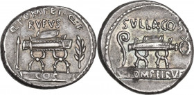 Q. Pompeius Rufus. AR Denarius, 54 BC. Obv. Curule chair flanked by arrow and laurel-branch; above, Q. POMPEI. Q. F RVFVS; below, COS on raised tablet...