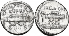 Q. Pompeius Rufus. AR Denarius, 54 BC. Obv. Curule chair flanked by arrow and laurel-branch; above, Q. POMPEI. Q. F RVFVS; below, [COS on raised table...