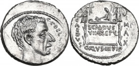 C. Coelius Caldus. AR Denarius, 51 BC. Obv. C. COEL. CALDVS. Bare head of C. Coelius Caldus right; in left field, [standard inscribed HIS]; in right f...
