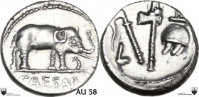 Julius Caesar. AR Denarius, mint moving with Caesar, 49-48 BC. Obv. Elephant advancing right, trampling on horned serpent; in exergue, CAESAR. Rev. Po...
