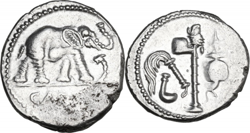 Julius Caesar. AR Denarius, mint moving with Caesar, 49-48 BC. Obv. Elephant adv...