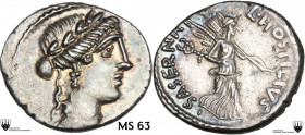 L. Hostilius Saserna. AR Denarius, 48 BC. Obv. Female head right, wearing oak-wreath and diadem. Rev. L·HOSTILIVS SASERNA. Victory advancing right, ho...