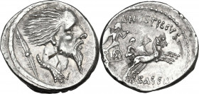 L. Hostilius Saserna. AR Denarius, 48 BC. Obv. Bearded bust of Gallic enemy with flowing hair ('Vercingetorix'); Gaulish shield behind. Rev. L HOSTILI...
