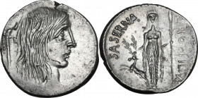 L. Hostilius Saserna. AR Denarius, Rome mint, 48 BC. Obv. Female head (Gallia) right , with long and dishevelled hair; on the left, carnyx. Rev. Artem...