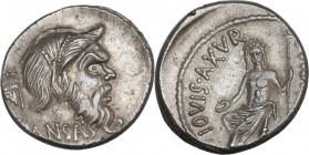 C. Vibius C. f. Pansa Caetronianus. AR Denarius, 48 BC. Obv. Mask of bearded Pan right; behind, sirinx (Pan-pipe); below, [P]ANSA. Rev. C. VIBIVS C.F....
