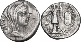 Julius Caesar. AR Quinarius, mint moving with Caesar, 48-47, BC. Obv. Veiled female bust right.; behind, ⊥II. Rev. [C]AE – SAR. Trophy between wreath ...