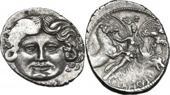 L. Plautius Plancus. AR Denarius, Rome mint, 47 BC. Obv. Head of Medusa facing, with coiled snake on either side; below,[L·PLAVT]IVS. Rev. Aurora flyi...