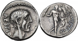 C. Antius Restio. AR Denarius, Rome mint, 47 BC. Obv. Head of C. Antius Restius right; on the left, RESTIO. Rev. Hercules walking right, with cloak ov...