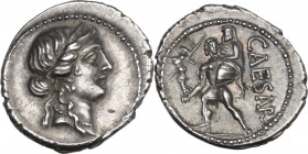 Julius Caesar. AR Denarius, 47-46 BC. Obv. Diademed head of Venus right. Rev. CAESAR. Aeneas advancing left, carrying palladium in right hand and Anch...