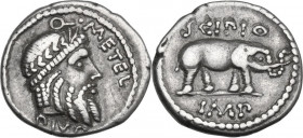 Q. Caecilius Metellus Pius Scipio. AR Denarius, 47-46 BC. Africa. Obv. Q. METEL. Laureate heads of Jupiter right; below, PIVS. Rev. SCIPIO. Elephant r...