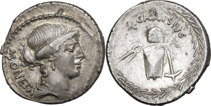 T. Carisius. AR Denarius, Rome mint, 46 BC. Obv. Head of Juno Moneta right; on t...