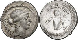 T. Carisius. AR Denarius, Rome mint, 46 BC. Obv. Head of Juno Moneta right; on the left, MONETA. Rev. Anvil die with garlanded punch die above; on the...