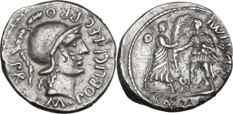 Pompey the Great. AR Denarius, Spain, 46-45 BC. Obv. M POBLICI LEG. Helmeted hea...