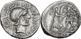 Pompey the Great. AR Denarius, Spain, 46-45 BC. Obv. M POBLICI LEG. Helmeted head of Roma right; behind, PRO PR. Rev. Female figure standing right, wi...