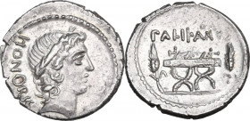 Lollius Palicanus. AR Denarius, 45 BC. Obv. Laureate head of Honos right; HONORIS downwards behind. Rev. Curule chair between two stalks of grain; PAL...