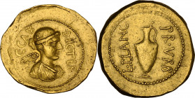 Julius Caesar. AV Aureus, Rome mint, late 46-early 45 BC. L. Munatius Plancus, praefectus Urbi. Obv. C • CAES DICT • TER. Draped and winged bust of Vi...