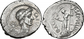P. Sepullius Macer. AR Denarius, Rome mint, 44 BC (before 15 March, Caesar death). Obv. Laureate head of Caesar right; on the left, eight rayed star; ...
