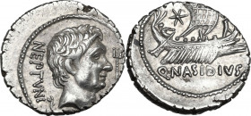 Sextus Pompeius and Q. Nasidius, commander of the fleet, 42-38 BC. AR Denarius, mint moving with Sextus Pompeius (Massilia ?). Obv. Bare head of Pompe...